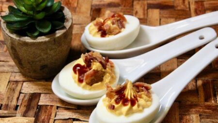 Sriracha Deviled Eggs with Bacon